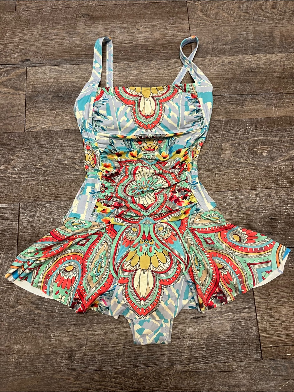 Johnny Was Colorful Mandala Print Skirted Twirl One-Piece Swimsuit XS